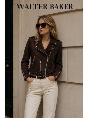 Walter Baker Women’s S Brown Lamb Suede Leather Moto Biker Jacket Belted